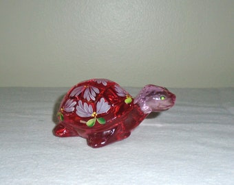 Fenton Pink Glass Hand Painted Turtle Figurine Artist Signed E. Lowe