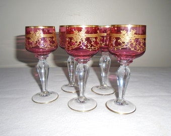 Moser Cordial Glasses Antique Etched Glass Gold Gilt Cranberry Bohemian Set of 5