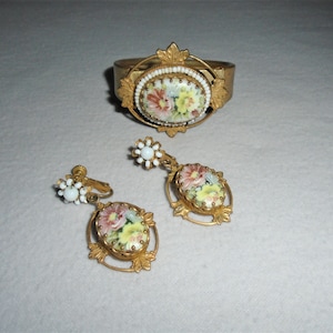 Miriam Haskell Dangle Earrings and Clamper Bracelet Hand Painted Porcelain Vintage Jewelry
