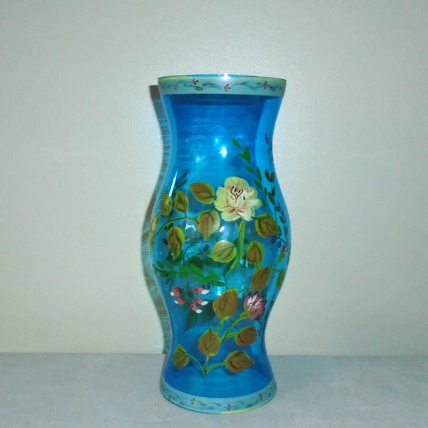 Blue Glass Hurricane Globe Chimney Lamp Hand Painted Roses Vintage Blown Glass