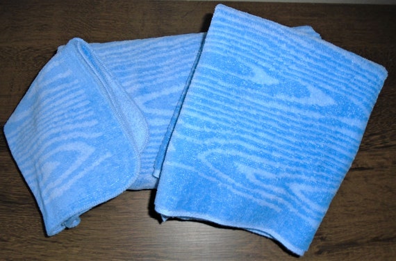 Fieldcrest Bath Towel Washcloth Hand Towel Blue Wavy 1980s USA Vintage Set  