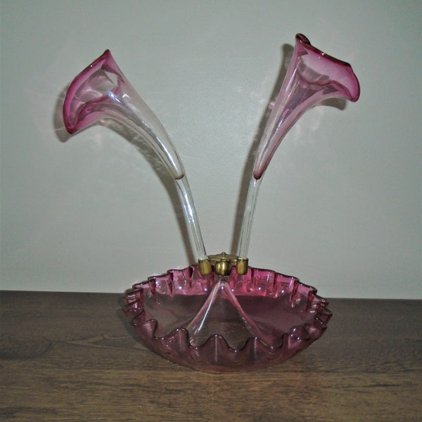 Victorian Cranberry Glass Flute Epergne Centerpiece Vase Antique