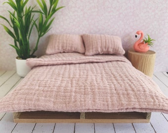 Dollhouse Miniature Dusty Pink Textured Double Bed Linen