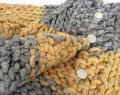 Giant Stitch Hand Knit Grey + Yellow Stripe Wool Cardigan Sweater Jacket
