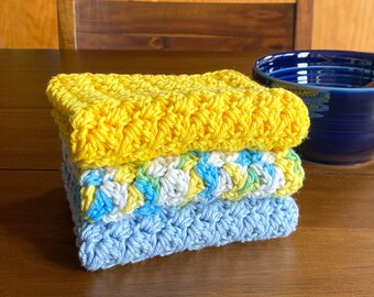 Crochet Dishcloth Set - Blue and Yellow Kitchen Towels - Crochet Washcloths - Cooking Gifts for Her
