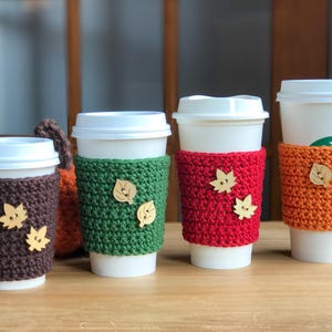 Fall Coffee Cup Sleeve Crochet Coffee Cozy Autumn Leaves Fall Colors Reusable Coffee Sleeve Coffee Cup Sleeve Coffee Cup Sleeve image 1