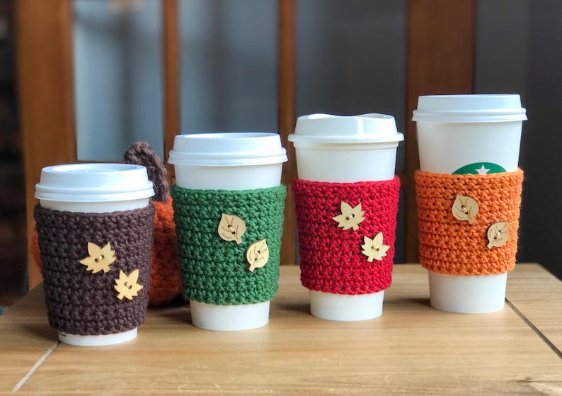 Fall Coffee Cup Sleeve Crochet Coffee Cozy Autumn Leaves Fall Colors Reusable Coffee Sleeve Coffee Cup Sleeve Coffee Cup Sleeve image 1