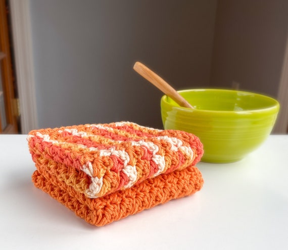 Orange Kitchen Towel Set Crochet Dishcloth Crochet Washcloth