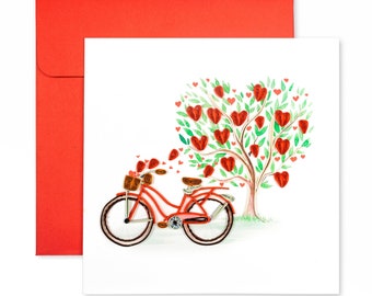 Bicycle and Hearts Handmade Greeting Card – Eco-Friendly Quilling Valentine for Bike Lovers