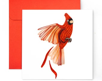 Cardinal Solo Greeting Card, Handmade Quilling Greeting Card, Eco-friendly Quilling Greeting Card, Greeting Card for Bird Lover