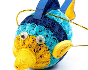 Fish (Yellow and Blue, 3D) Handmade Ornament – Eco-Friendly Quilling Gift for Sealife and Fish Lovers