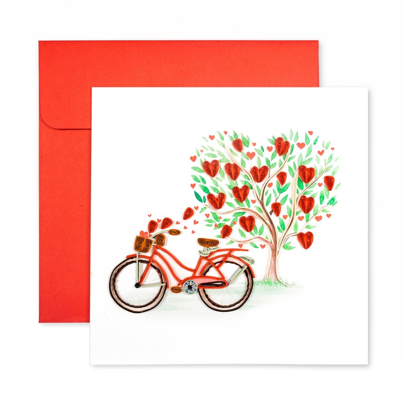 Tarjeta de felicitación hecha a mano con una bicicleta y corazones: San Valentín ecológico en quilling para amantes de la bicicleta imagen 1