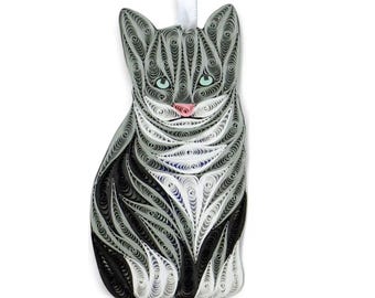 Cat (Gray/White) Ornament, Handmade Paper Ornament, Gift for Cat Lovers, Eco-friendly Quilling Ornament, Unique Quilling Cat Gift