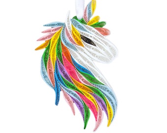 May include: A rainbow unicorn head made of paper quilling. The unicorn is white with a rainbow mane and horn.