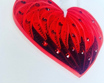 Swarovski Christmas Heart Ornament, Handmade Paper Heart Ornament, Red Heart Ornament