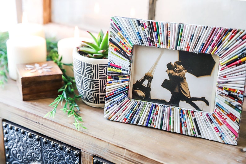 Picture Frame Handmade Decor – Unique Recycled Magazine Paper Gift for First Home and Eco-Friendly Display image 1