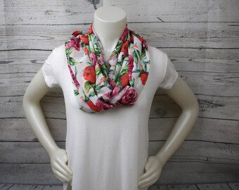 Pink, Red, and White Floral Infinity Scarf, Rose Infinity Scarf, Pink Rose Loop Scarf, Rose Stem Scarf, Long Stem Rose Infinity Scarf