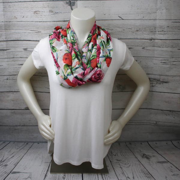 Pink, Red, and White Floral Infinity Scarf, Rose Infinity Scarf, Pink Rose Loop Scarf, Rose Stem Scarf, Long Stem Rose Infinity Scarf