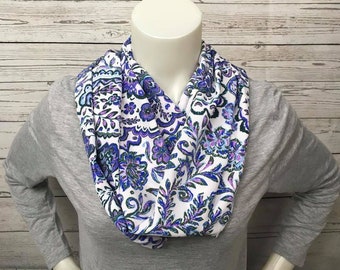 Purple and Blue Lightweight Infinity Scarf, Floral Infinity Scarf, Spring Loop Scarf, Spring Accessory, Blue Accessory, Bold Infinity Scarf