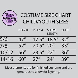 Puede incluir: Una tabla de tallas para disfraces de ni&ntilde;os y j&oacute;venes. La tabla enumera las tallas del 5/6 al 14/16 e incluye medidas de altura, entrepierna, longitud de la manga y pecho en pulgadas.