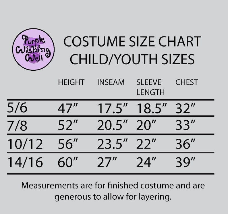Puede incluir: Una tabla de tallas para disfraces de ni&ntilde;os y j&oacute;venes. La tabla enumera las tallas del 5/6 al 14/16 e incluye medidas de altura, entrepierna, longitud de la manga y pecho en pulgadas.