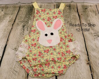 Ready To Ship 12-18M Cotton Bunny Baby Romper, Yellow Baby Cotton Romper, Bunny Overall Romper, Easter Overall Romper, Baby Easter Romper