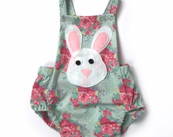 Ready To Ship 9-12M Cotton Bunny Baby Romper, Pink Baby Cotton Romper, Bunny Overall Romper, Easter Overall Romper, Baby Easter Romper