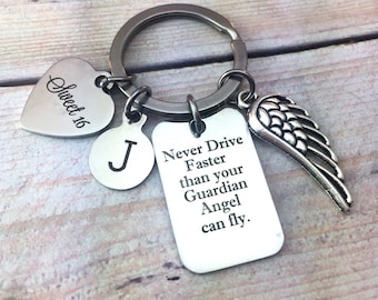 Sweet 16 keychain, Sweet 16 gift, Gift for Daughter, Gift, Granddaughter gift, Gift for Niece, Guardian Angel, Never Drive Faster, Engraved