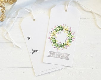 Gift Tags Love Floral Wreath, Hanging Gift Tag Set, Watercolor Painted Gift Label