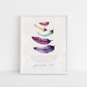 Art Print, Cover You With His Feathers, Psalm 91 Verse Watercolor Artwork