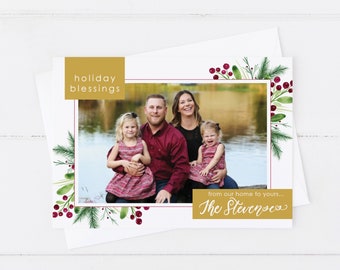 Gold and Greens Holiday Blessings Christmas Photo Card, Custom Photo Card, Hand Lettered Holiday Card