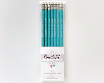 Write It On Your Heart Pencil Set, Turquoise Teal Blue Wooden Pencils