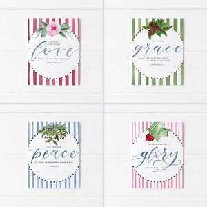 May include: Four watercolor Christmas cards with red, green, blue, and pink striped backgrounds. Each card features a watercolor illustration of a winter floral arrangement with a circle around it. The text on each card reads "love", "grace", "peace", and "glory" with a Bible verse underneath each word.