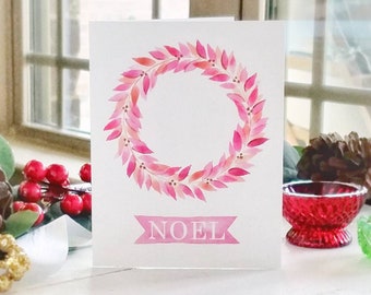 Noel Pink Wreath Christmas Card