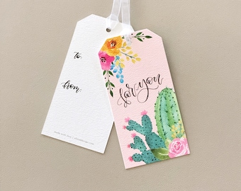 Floral Cacti Gift Tags, Watercolor For You Gift Tags, To From Gift Wrap Tags, Hanging Gift Tags