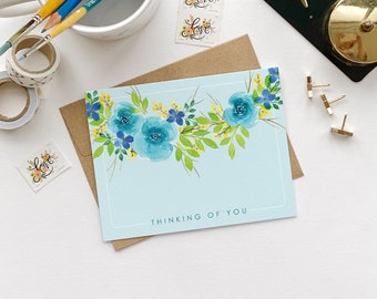 Blue Floral Thinking of You Note Cards, Blank Greeting Card