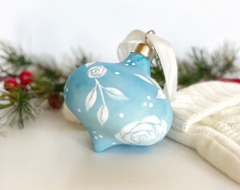 Blue with White Roses Retro Watercolor Christmas Ornament, Hand Painted Ceramic Ornament with Pearl White Silk Ribbon