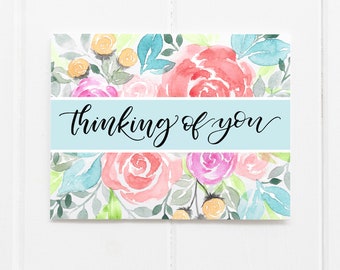 Set Floral Thinking of You Note Cards, Hand Lettered Greeting Card