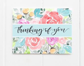 Set Floral Thinking of You Note Cards, Hand Lettered Greeting Card
