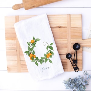 Orange Garland Love Tea Towel, Citrus Christmas Towel, Cotton Kitchen Dish Towel