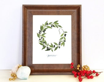 Olive Garland Art Print, Winter Watercolor Garland, Hand Lettered Christmas Artwork, Olive Branch Peace Decor