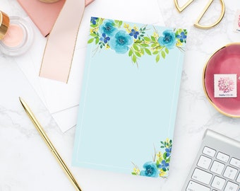 Blue Floral Watercolor Notepad, 5.5x8.5 inch Stationery Notepad