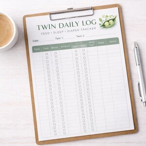 以下が含まれることがあります： 「TWIN DAILY LOG」と印刷されたクリップボード。食事、睡眠、おむつ交換を記録します。時間、双子、胸/量、睡眠開始/起床、メモのセクションが含まれています。コーヒーカップとペンも画像にあります。