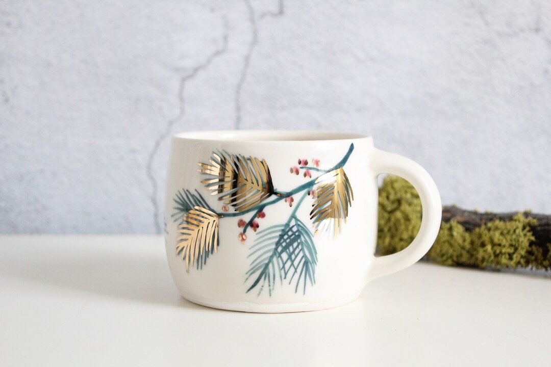 Pine Needle Mug Gold Leaf Mug Christmas Mug Porcelain Etsy