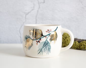 Pine needle mug - Gold leaf mug - Christmas mug - Porcelain mug - Handmade mug - Coffee mug - Pottery mug - Ceramic mug