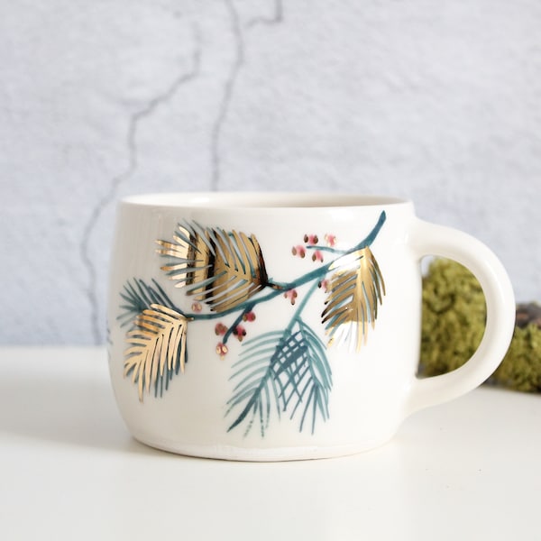 Pine needle mug - Gold leaf mug - Christmas mug - Porcelain mug - Handmade mug - Coffee mug - Pottery mug - Ceramic mug