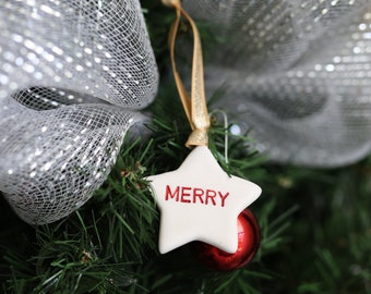 Merry Christmas Ornament - Star ornament - Ceramic ornament - Handmade ornament