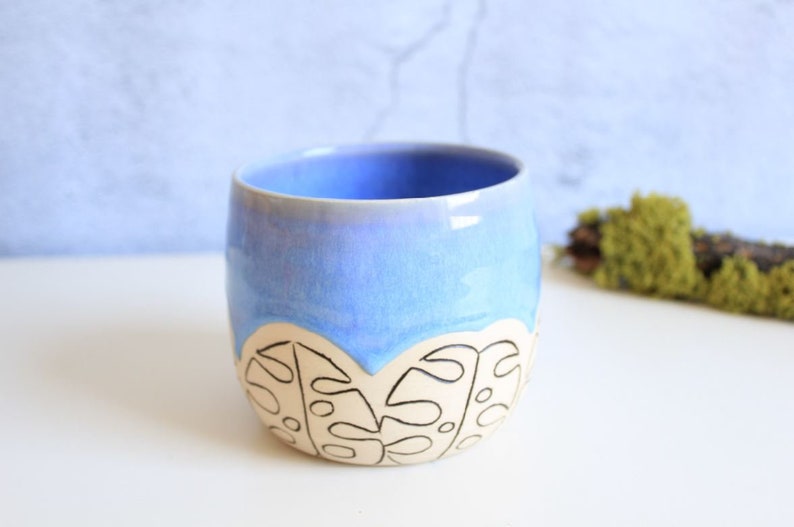 Dream blue monstera planter Succulent planter Carved pot Monstera planter Handmade planter Flower pot Succulent lover gift image 2