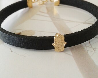 Hamsa leather bracelet, Hamsa bracelet, Hamsa charm bracelet, Black  leather hamsa bracelet, Gold hamsa charm bracelet