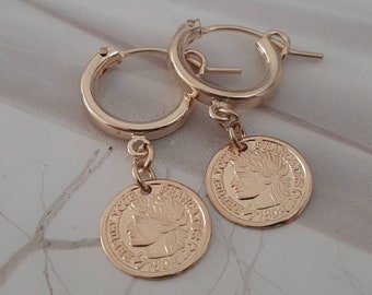 Coin huggie, Gold coin huggie, Gold coin hoop earrings, Gold filled coin hoops, Women coin hoops, Gold coin earrings, Gold filled huggie